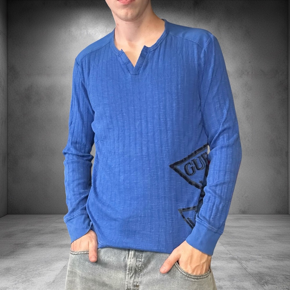Mens Guess Jeans Y2K Blue Slub Knit Long Sleeve Graphic Shirt XL